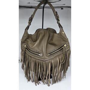 OrYany Bristol Fringe Hobo Bag Taupe Olive Pebbled Leather Antq. Brass Stud Boho